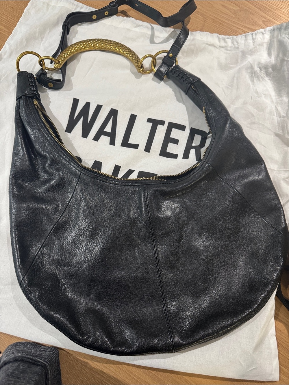 Walter Baker Black Leather Shoulder Hobo with Textured Gold Handle